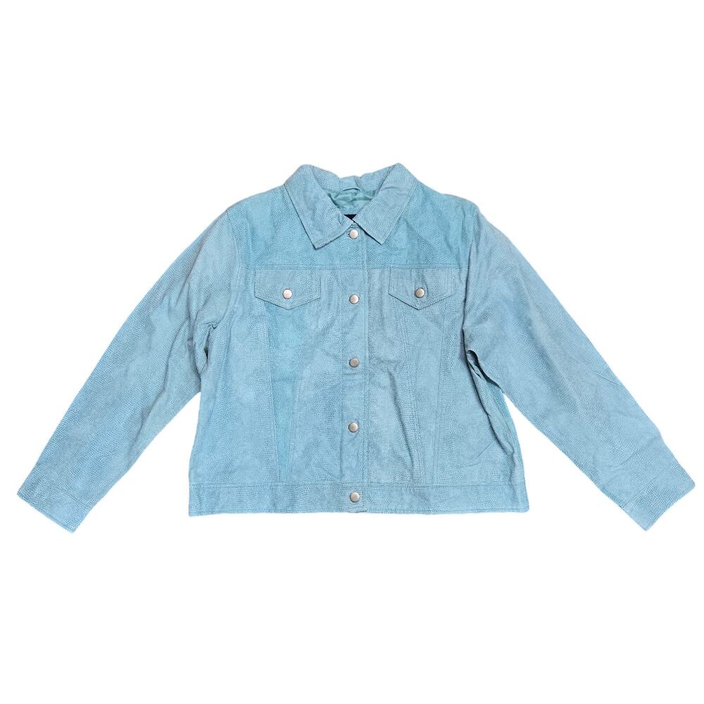 New Denim & Co Leather Blue textured Jacket Coat Snap Button XL